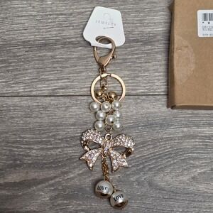 Jewelry Gold Rhinestone Bow Faux Pearl Love Keychain Bag Charm 6in